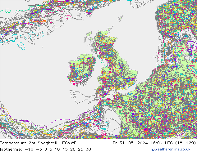 Temperature 2m Spaghetti ECMWF Fr 31.05.2024 18 UTC