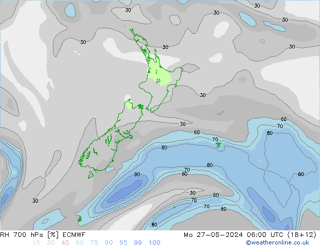 RH 700 hPa ECMWF pon. 27.05.2024 06 UTC