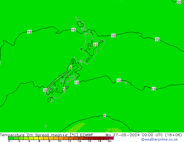 mapa temperatury 2m Spread ECMWF pon. 27.05.2024 00 UTC