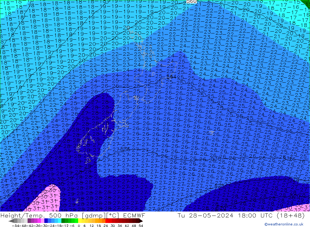 Height/Temp. 500 hPa ECMWF Tu 28.05.2024 18 UTC