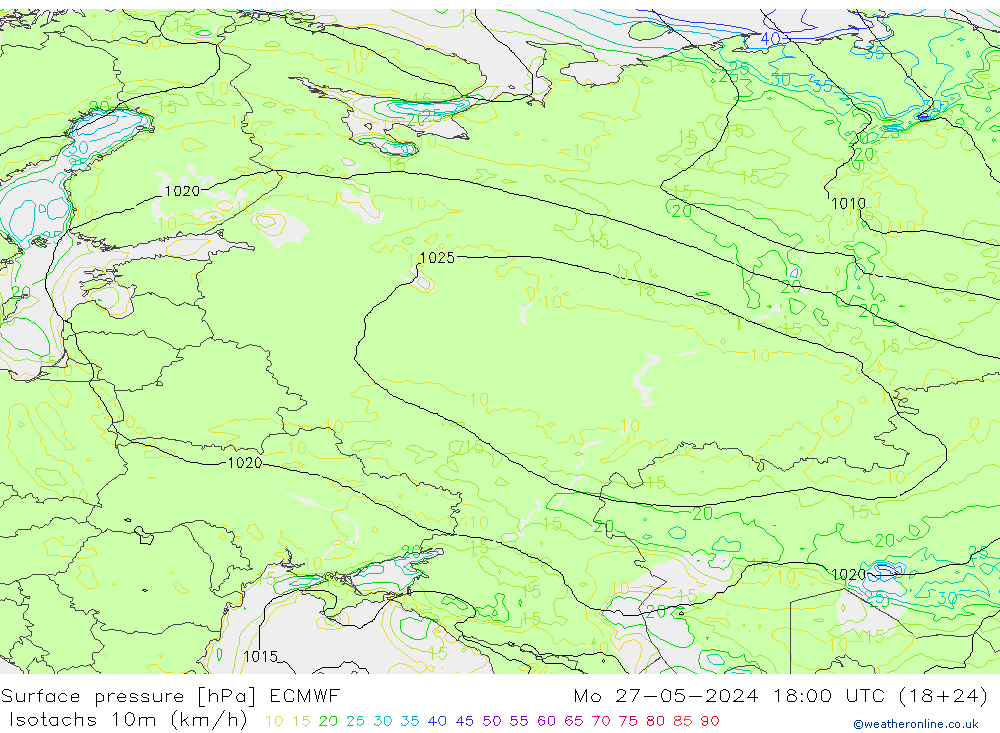 Isotachs (kph) ECMWF Po 27.05.2024 18 UTC