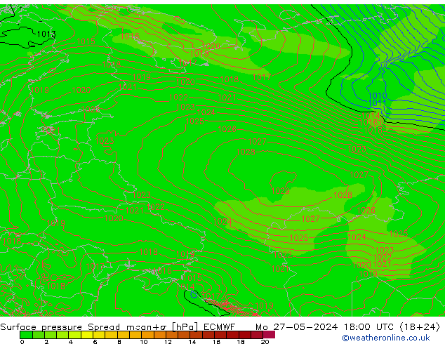 Surface pressure Spread ECMWF Mo 27.05.2024 18 UTC