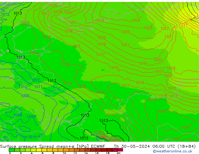 Surface pressure Spread ECMWF Th 30.05.2024 06 UTC