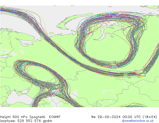 Height 500 hPa Spaghetti ECMWF śro. 29.05.2024 00 UTC