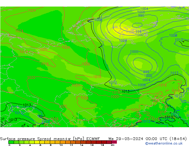 Surface pressure Spread ECMWF We 29.05.2024 00 UTC