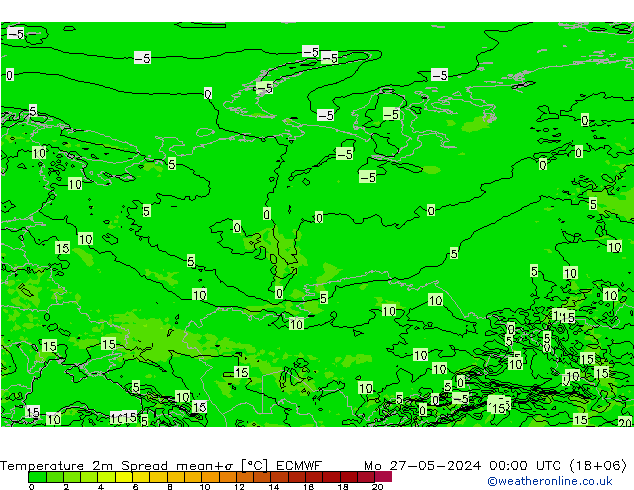 mapa temperatury 2m Spread ECMWF pon. 27.05.2024 00 UTC