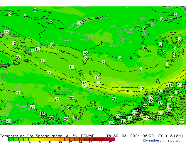 Temperature 2m Spread ECMWF Th 30.05.2024 06 UTC