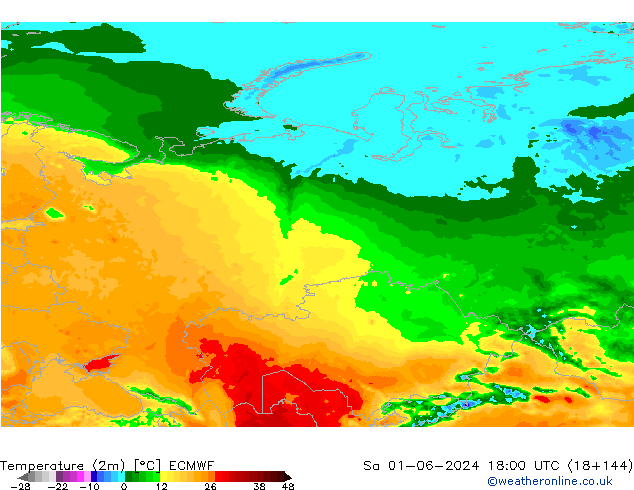 Temperature (2m) ECMWF Sa 01.06.2024 18 UTC