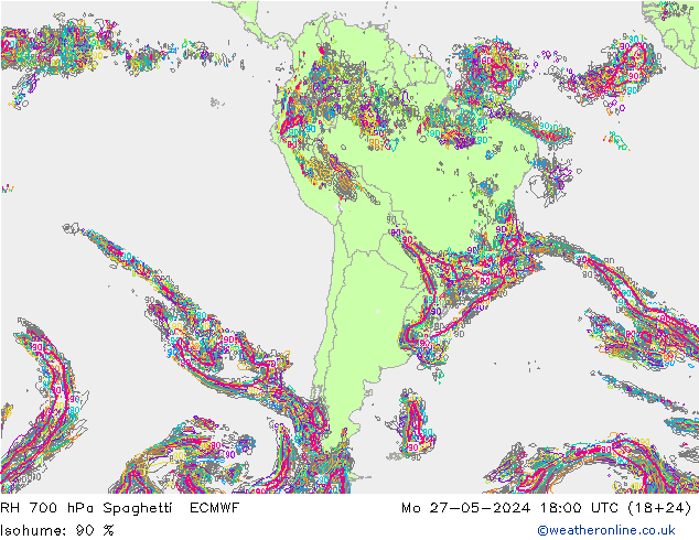 RH 700 hPa Spaghetti ECMWF  27.05.2024 18 UTC