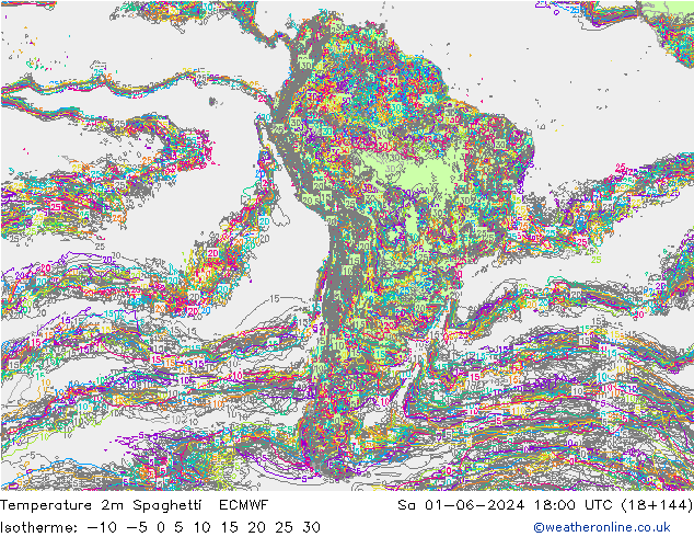 Temperature 2m Spaghetti ECMWF Sa 01.06.2024 18 UTC