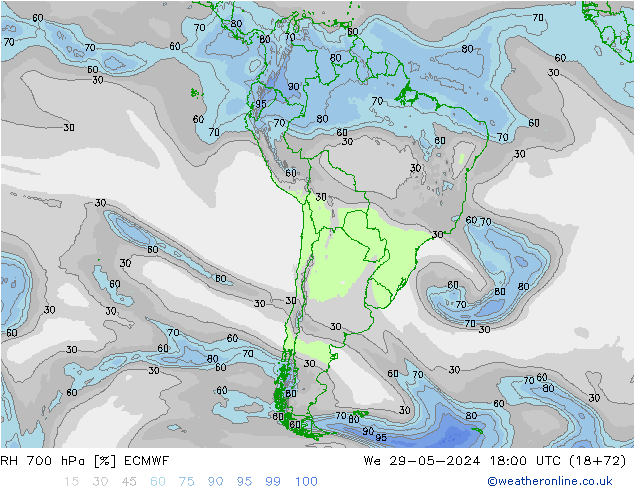 Humidité rel. 700 hPa ECMWF mer 29.05.2024 18 UTC