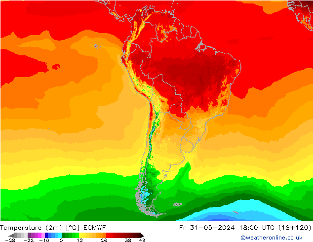 Temperature (2m) ECMWF Fr 31.05.2024 18 UTC