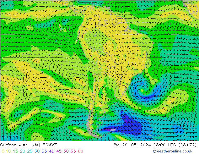 Vent 10 m ECMWF mer 29.05.2024 18 UTC