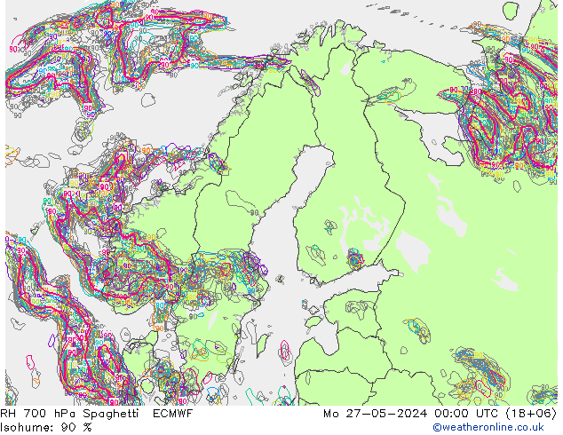 RH 700 hPa Spaghetti ECMWF Mo 27.05.2024 00 UTC