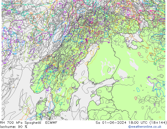 RH 700 hPa Spaghetti ECMWF Sa 01.06.2024 18 UTC