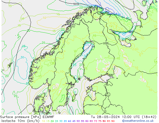 Isotachs (kph) ECMWF Tu 28.05.2024 12 UTC