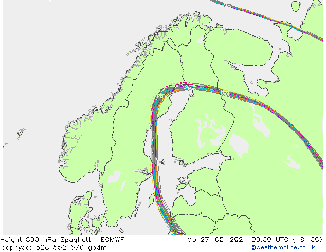 Height 500 hPa Spaghetti ECMWF 星期一 27.05.2024 00 UTC