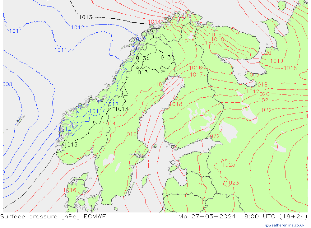 Surface pressure ECMWF Mo 27.05.2024 18 UTC