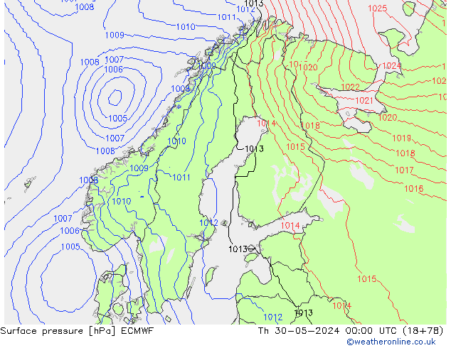 Presión superficial ECMWF jue 30.05.2024 00 UTC