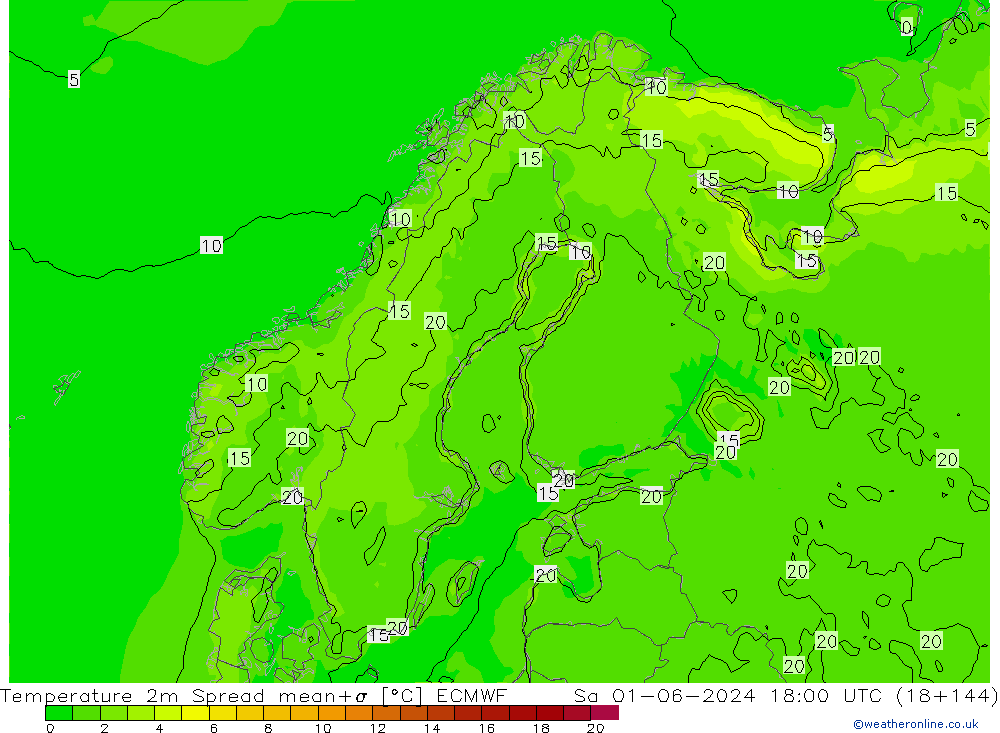 Temperature 2m Spread ECMWF So 01.06.2024 18 UTC