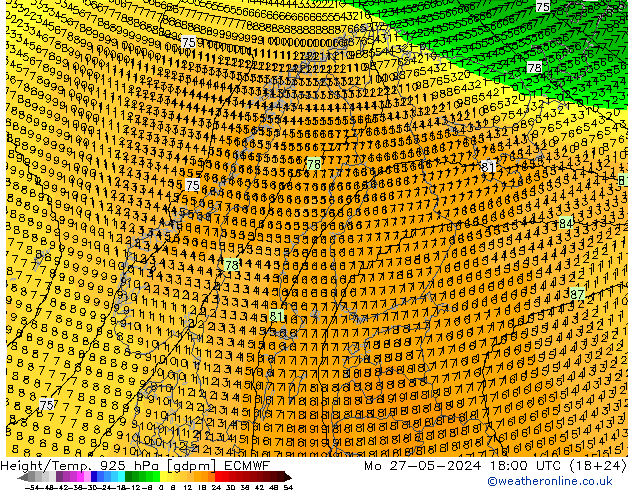 Height/Temp. 925 hPa ECMWF lun 27.05.2024 18 UTC