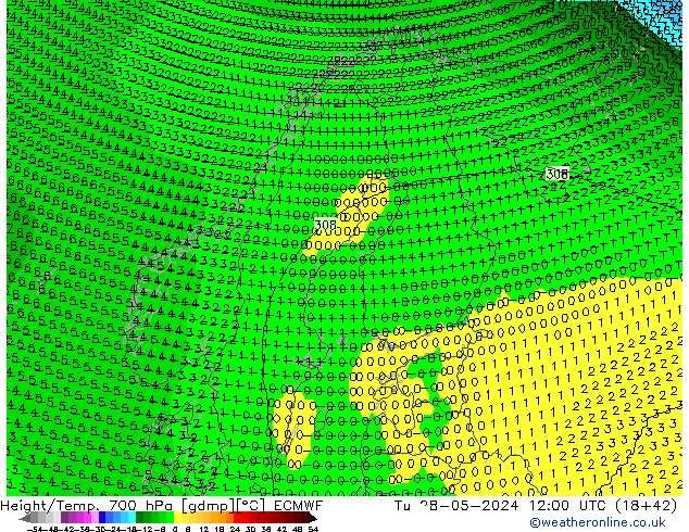 Height/Temp. 700 hPa ECMWF Di 28.05.2024 12 UTC