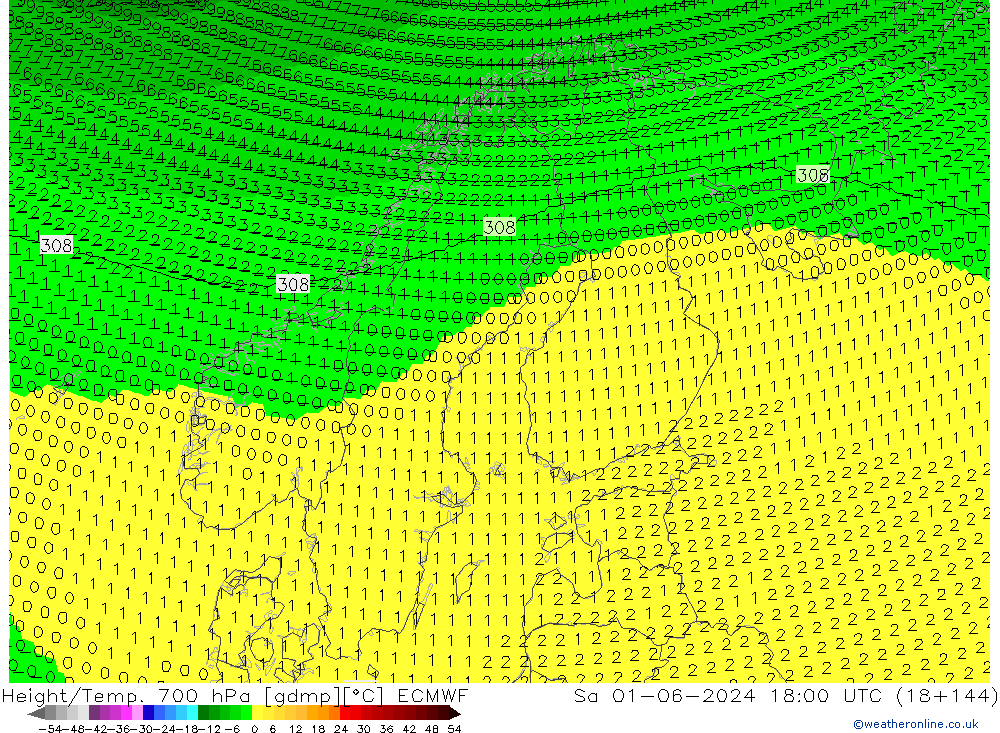 Height/Temp. 700 hPa ECMWF Sa 01.06.2024 18 UTC