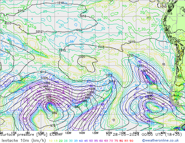 Isotachs (kph) ECMWF Tu 28.05.2024 00 UTC