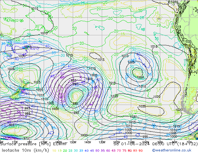 Isotachs (kph) ECMWF sab 01.06.2024 06 UTC