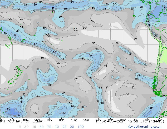 Humedad rel. 700hPa ECMWF jue 30.05.2024 12 UTC