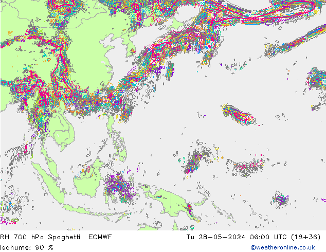 RH 700 hPa Spaghetti ECMWF mar 28.05.2024 06 UTC