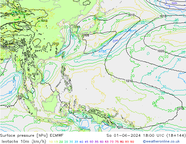 Isotachs (kph) ECMWF Sa 01.06.2024 18 UTC