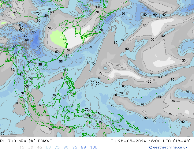 RH 700 гПа ECMWF вт 28.05.2024 18 UTC