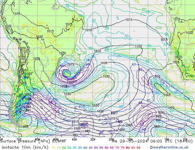 Isotachs (kph) ECMWF mer 29.05.2024 06 UTC