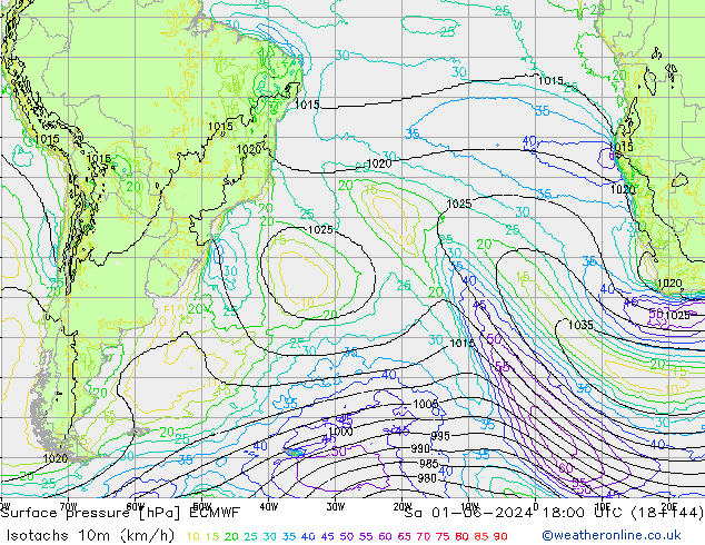 Isotachs (kph) ECMWF Sa 01.06.2024 18 UTC