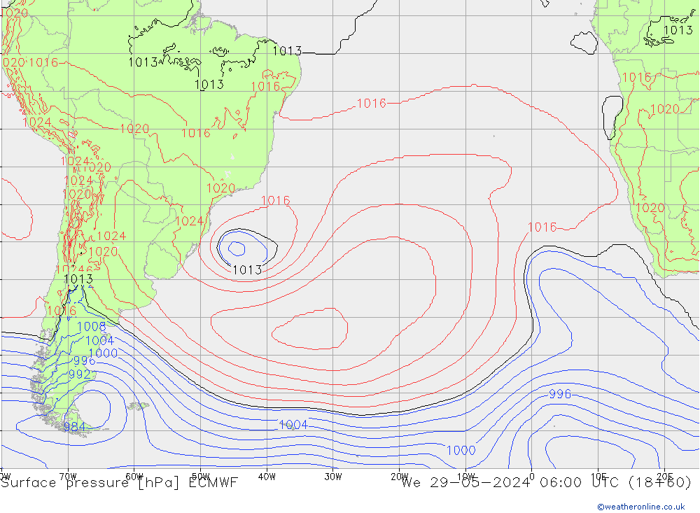 pressão do solo ECMWF Qua 29.05.2024 06 UTC