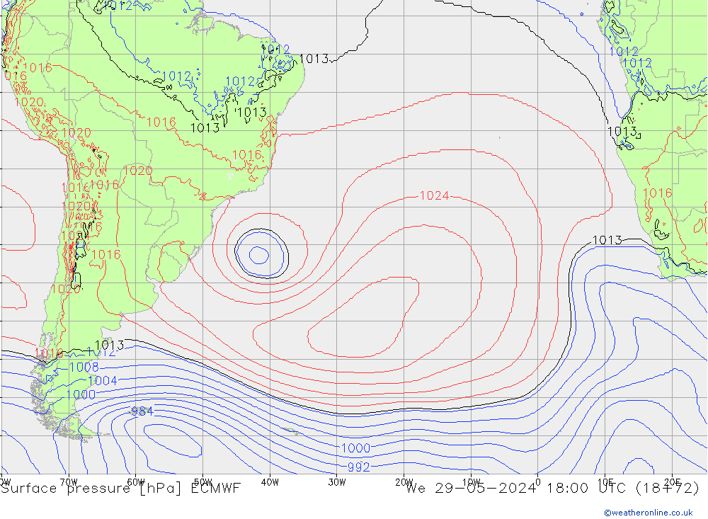 Presión superficial ECMWF mié 29.05.2024 18 UTC