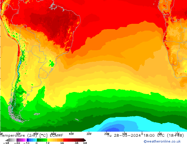 Temperature (2m) ECMWF Tu 28.05.2024 18 UTC