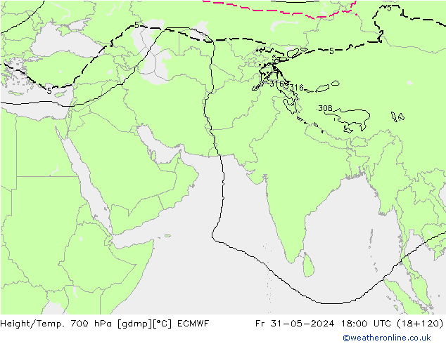 Height/Temp. 700 hPa ECMWF Fr 31.05.2024 18 UTC