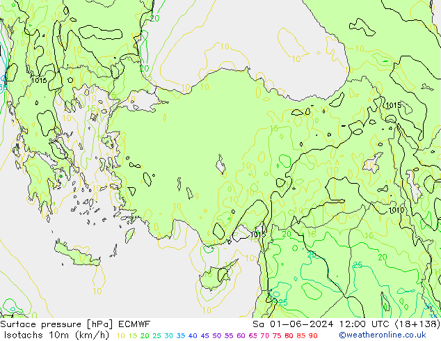 Isotachs (kph) ECMWF Sa 01.06.2024 12 UTC