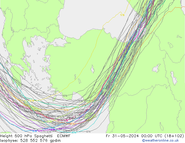 Geop. 500 hPa Spaghetti ECMWF vie 31.05.2024 00 UTC