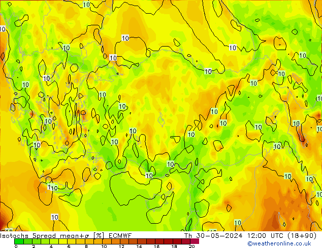 Isotachs Spread ECMWF Čt 30.05.2024 12 UTC