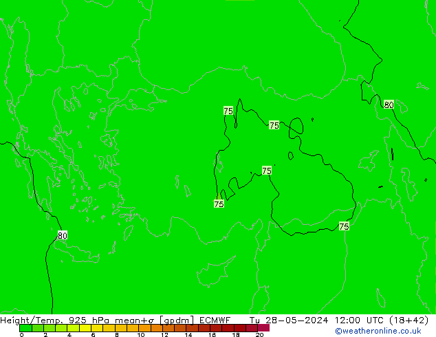 Height/Temp. 925 hPa ECMWF Út 28.05.2024 12 UTC