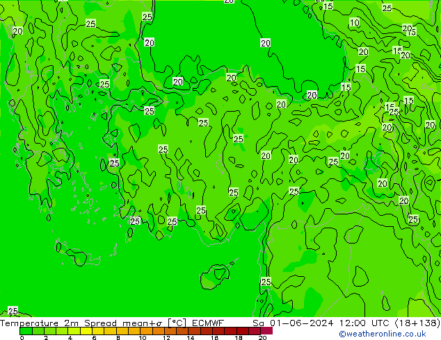 mapa temperatury 2m Spread ECMWF so. 01.06.2024 12 UTC