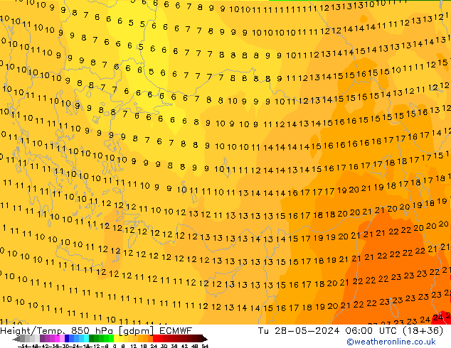 Hoogte/Temp. 850 hPa ECMWF di 28.05.2024 06 UTC