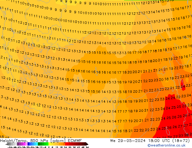 Height/Temp. 850 гПа ECMWF ср 29.05.2024 18 UTC