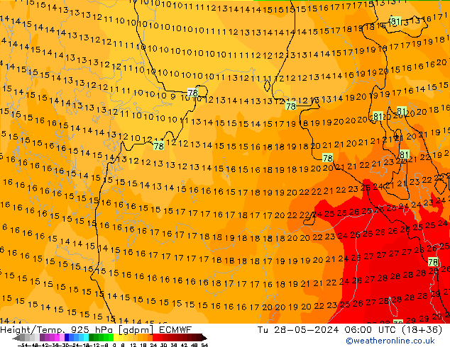 Height/Temp. 925 hPa ECMWF Tu 28.05.2024 06 UTC