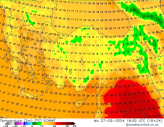 Temperatura (2m) ECMWF lun 27.05.2024 18 UTC