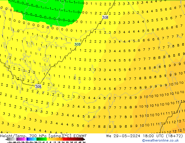 Height/Temp. 700 hPa ECMWF Qua 29.05.2024 18 UTC