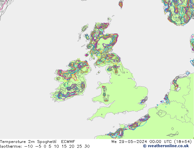 Temperature 2m Spaghetti ECMWF We 29.05.2024 00 UTC